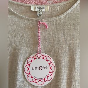 Umgee swing dress, NWT, light tan color, crochet lace on sleeves, fringe hem.